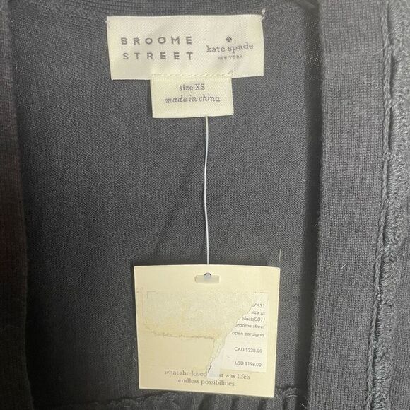 NWT Kate Spade Broome Street Open Cardigan Black Xsmall Xs New 3/4 Sleeve - Picture 2 of 6